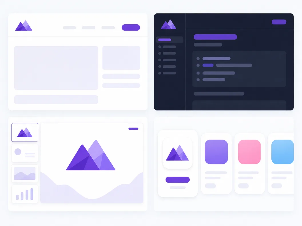 Ein KI-generiertes App-Logo als transparentes PNG, wiederverwendet auf Oberflächen: ein Website-Header, eine Dokumentationsseite im Dunkelmodus, eine Pitch-Deck-Folie und eine App-Store-Kachel