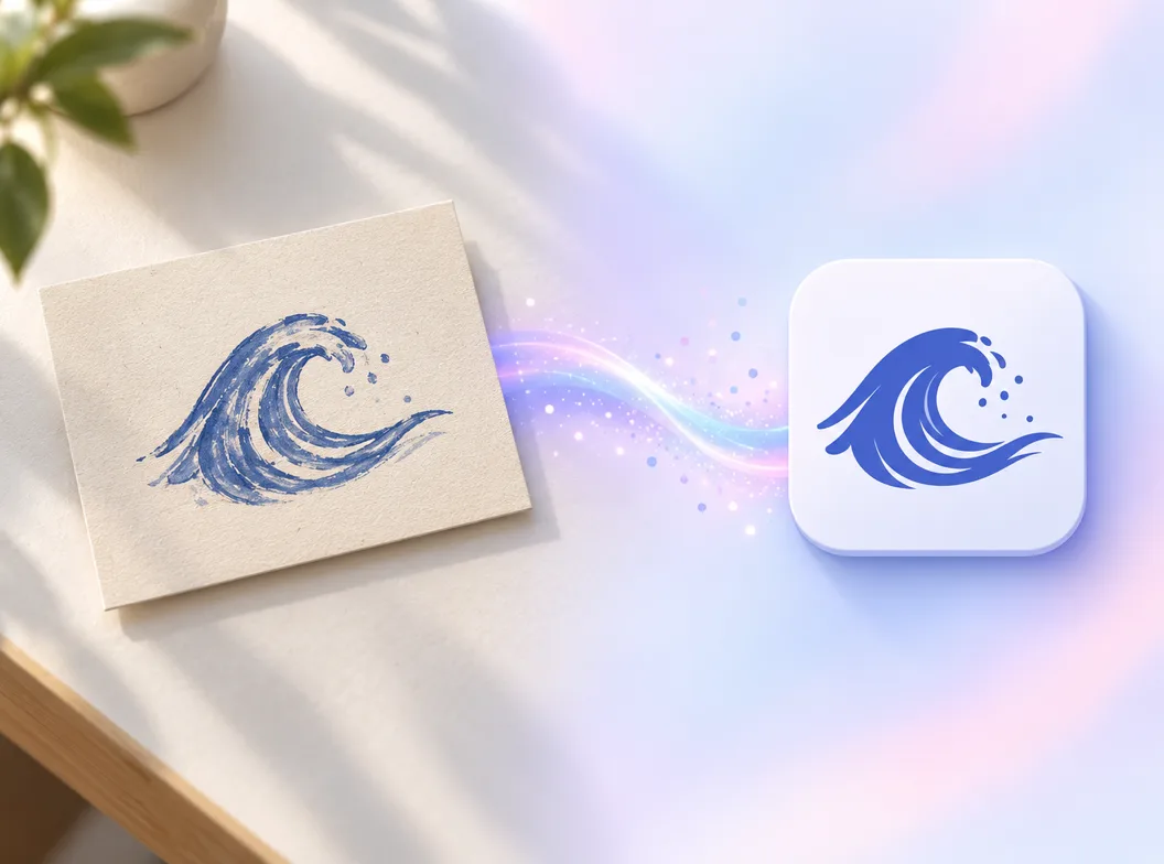 Un logo fotografiado sobre un escritorio junto al icono plano y limpio que el generador con IA redibujó a partir de él, con la foto de referencia y el icono terminado comparados lado a lado