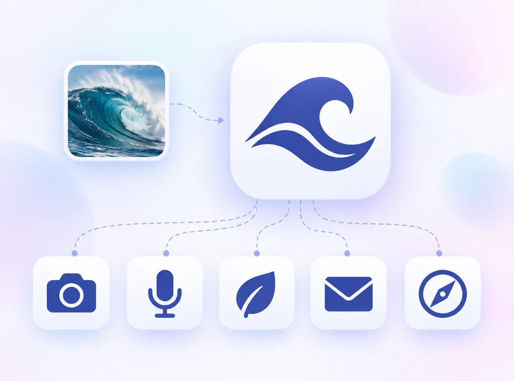 Una foto de referencia a la izquierda alimentando un lienzo de iconos a la derecha, con el primer icono generado encadenado como referencia de estilo para una fila de iconos variantes a juego