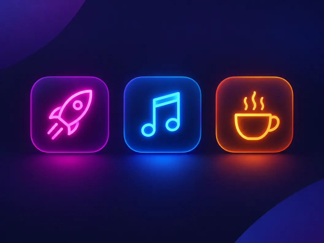 AI icon neon results on a dark canvas: glowing rocket, music note and coffee cup icons exported as clean 1024 px assets with controlled bloom