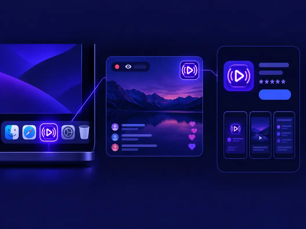 One neon icon reused across surfaces: a dock row on a dark desktop, a stream overlay corner, and a store listing tile