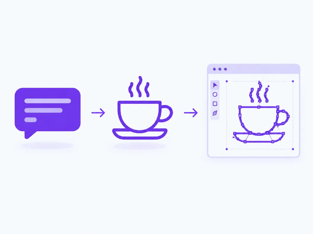 Pipeline de iconos de IA en SVG: un prompt de texto se convierte en un icono dibujado a líneas que se vectoriza en rutas, mostrado como archivo SVG editable junto a su render rasterizado