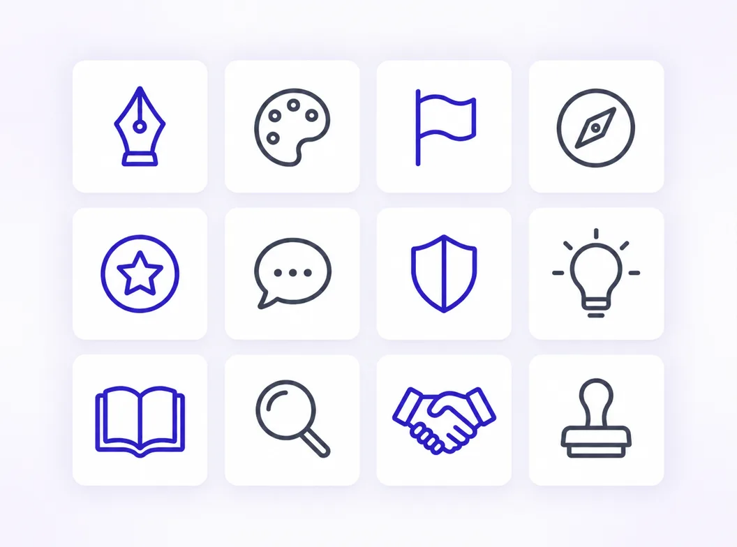 Ein generiertes Brand-Icon-Set: zusammenpassende Linien- und minimalistische Marks mit einer Palette und einem Strichgewicht