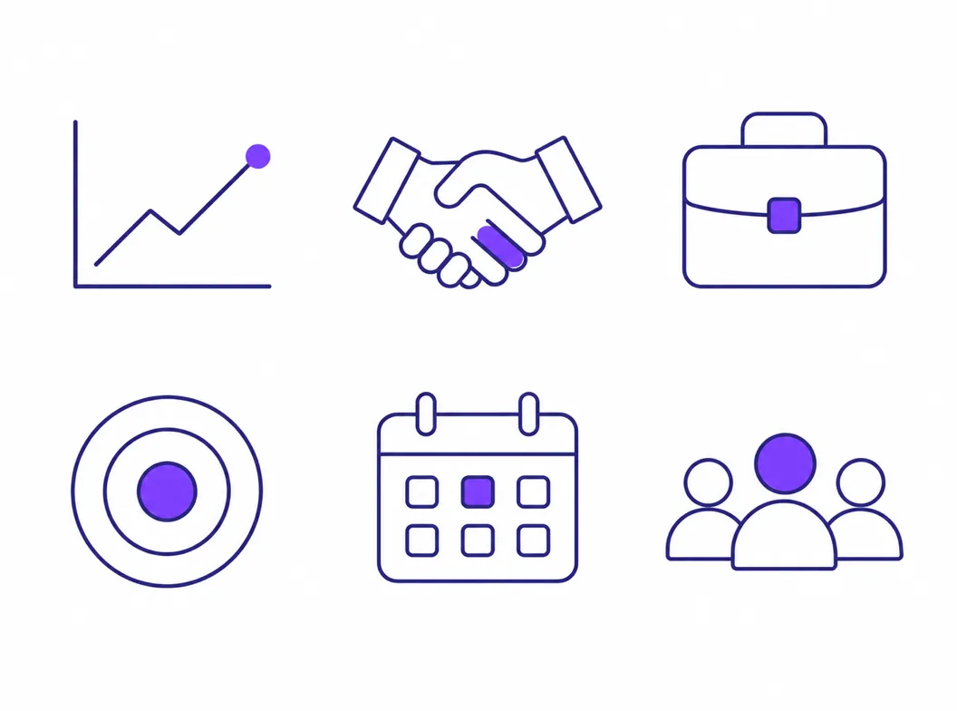 A business icon set of six marks in one flat style, from growth chart to handshake to briefcase, generated in a single indigo palette on a light workbench layout