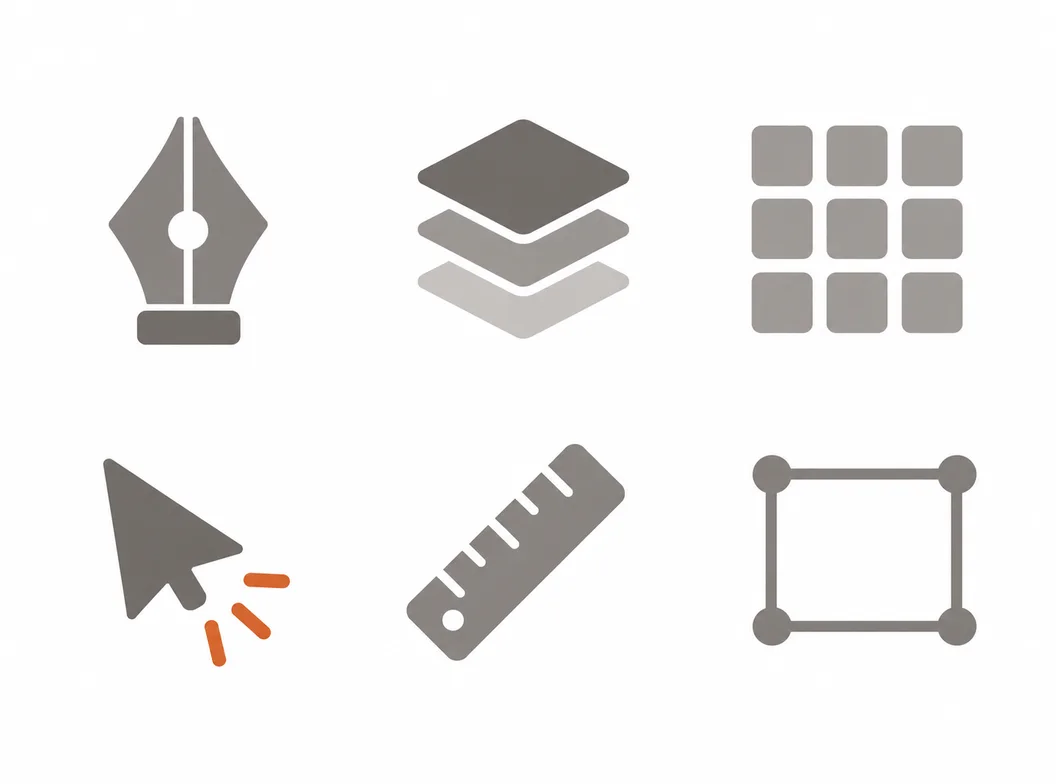 A designer icon set of six concept marks in one flat style, from pen nib to layers panel, generated in a single warm gray palette on a workbench layout