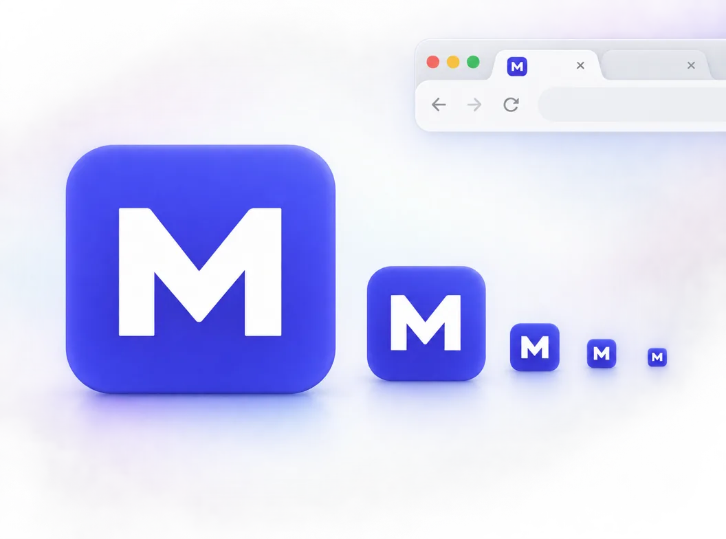 Eine Favicon-Datei-Matrix aus einem Zeichen: favicon.ico mit 16, 32 und 48 px, favicon.svg in einem Browsertab, apple-touch-icon mit 180 px und ein 512-px-PWA-Icon