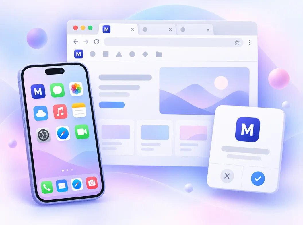 Ein Favicon-Zeichen auf allen seinen Oberflächen gerendert: ein Browsertab bei 16 px, eine Lesezeichenleiste, ein iOS-Startbildschirm-Icon und der Splash einer installierten PWA
