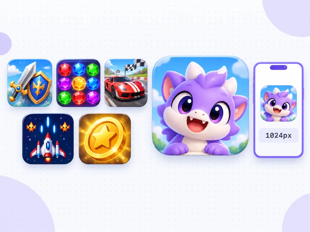 Game app icons for RPG, puzzle, racing and casual genres generated from text prompts