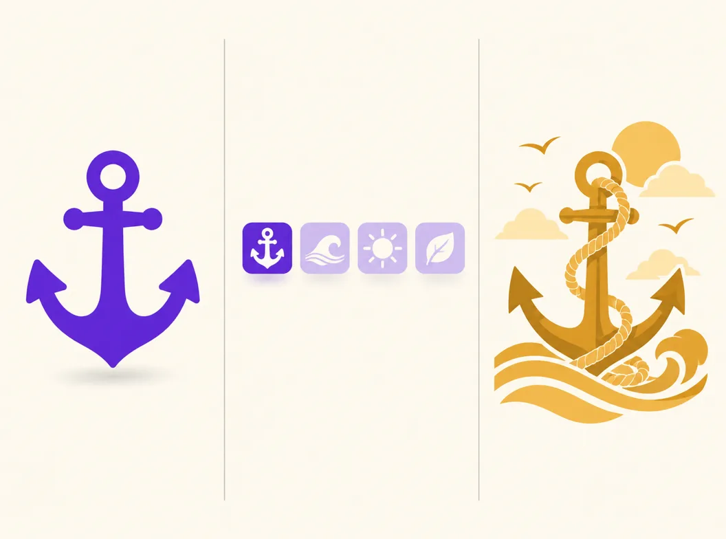 Le même concept d'ancre dessiné de trois façons : en logo de marque, en petite icône graphique dans une famille et en illustration détaillée