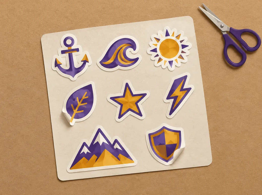 Autocollants découpés de petites icônes graphiques sur papier kraft, le style de la famille se poursuit en impression