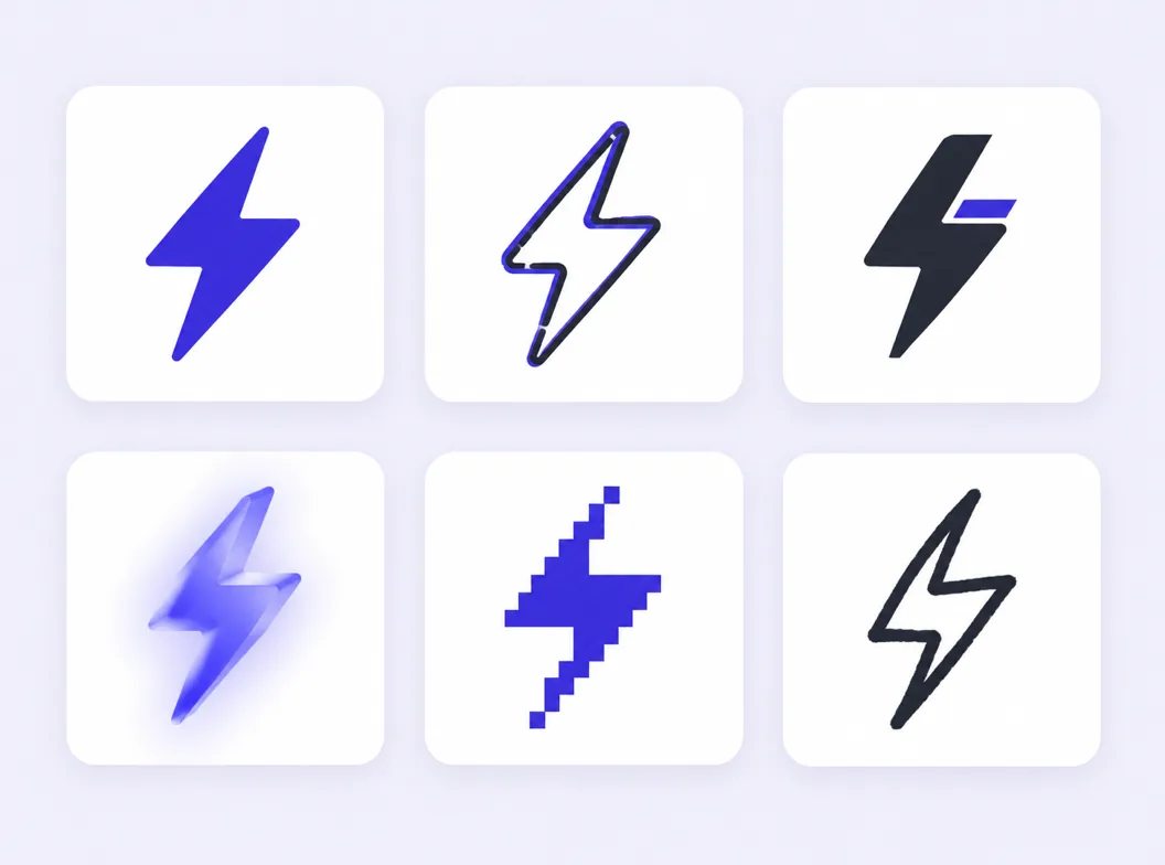 Icon-Design-Richtungen im Vergleich: flache, Linien-, gefüllte, 3D- und Pixel-Zeichen, generiert aus Prompts