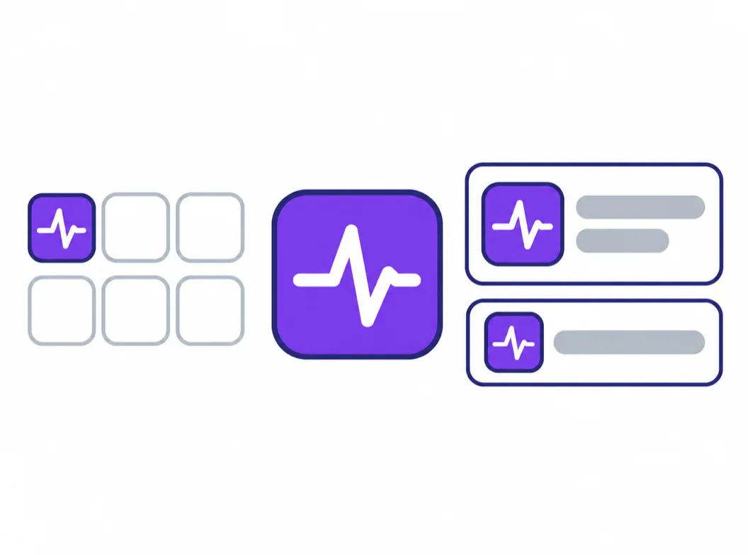 One heartbeat app icon master shown across its surfaces, from a home screen grid to store listing and settings sizes