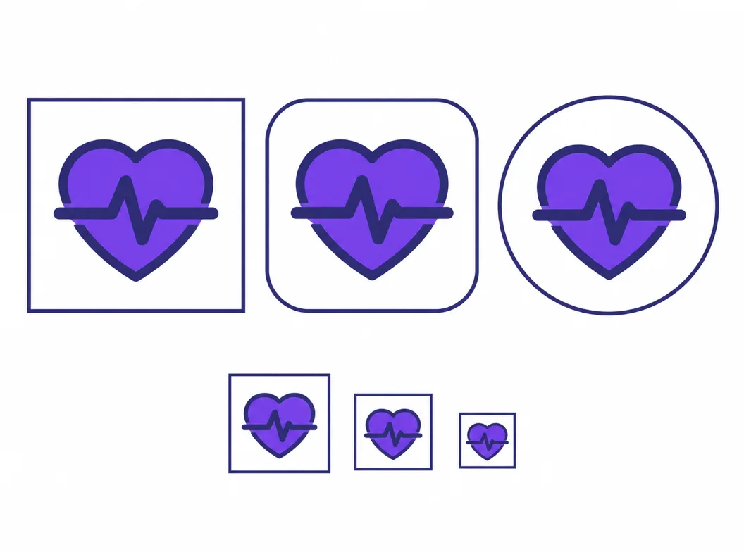 A mobile app icon master beside its masked forms, from iOS rounded square to Android circle, with size checks at 48, 32 and 16 px on a home screen mock
