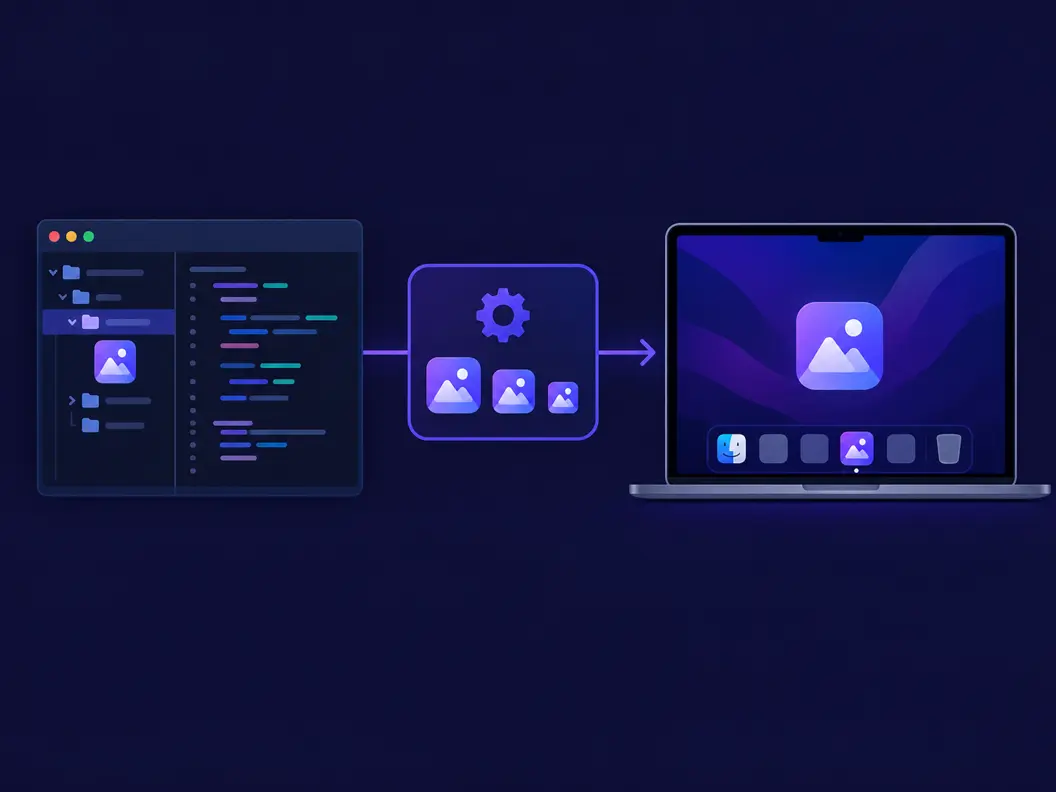 Eine Electron-Build-Pipeline: ein 1024-px-Icon-Master gespeichert als build/icon.png, electron-builder schneidet icns, ico und Linux-PNGs, und die App mit Icon landet im Dock