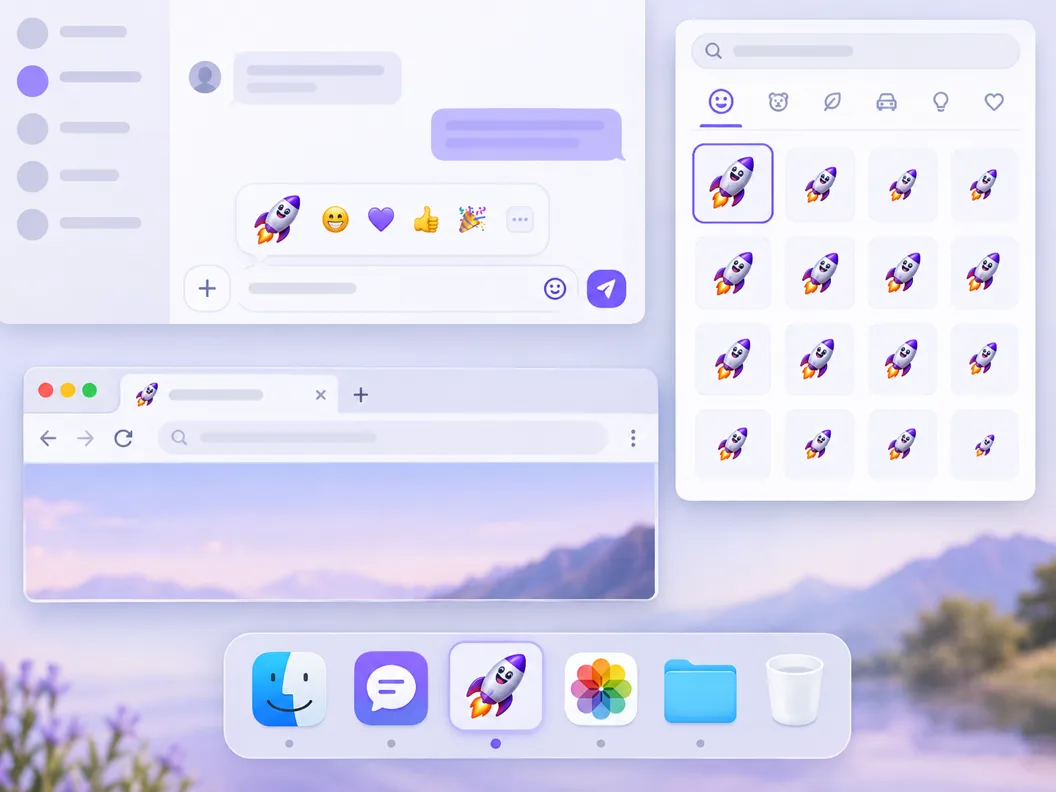 하나의 광택 이모지 아이콘이 여러 표면에서 재사용된 모습: Discord 이모트 줄, Slack 이모지 피커, 브라우저 탭 파비콘, 앱 Dock