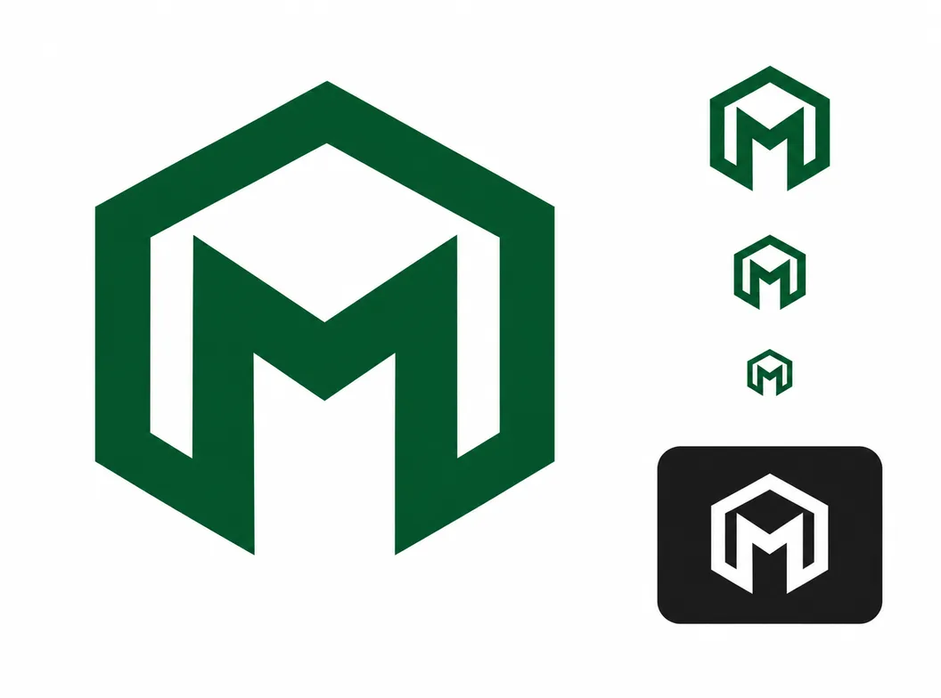 A logo design icon sheet showing one monogram mark at 1024 px with its 48, 32 and 16 px favicon cuts and a reversed white version on dark