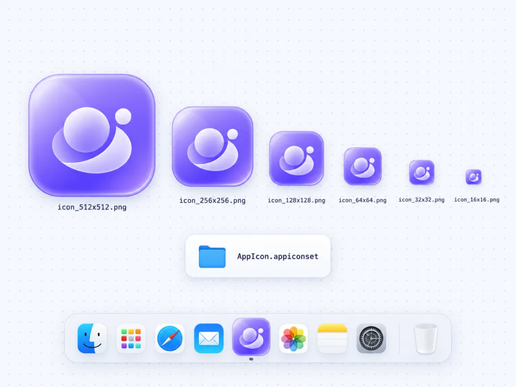 Ein generiertes macOS-App-Icon, exportiert als komplettes Asset-Set von 16 px bis 1024 px