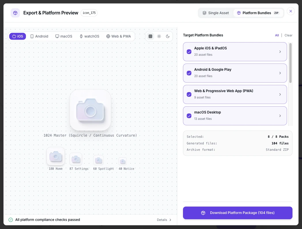 SparkIconAI Platform Production Bundles & Drop-in ZIP Export