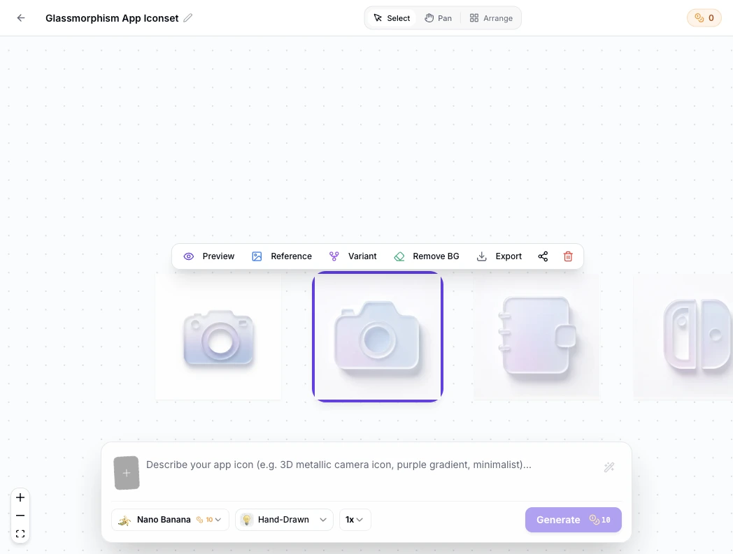 SparkIconAI canvas workspace previewing Google Play app icons with variants and export toolbar