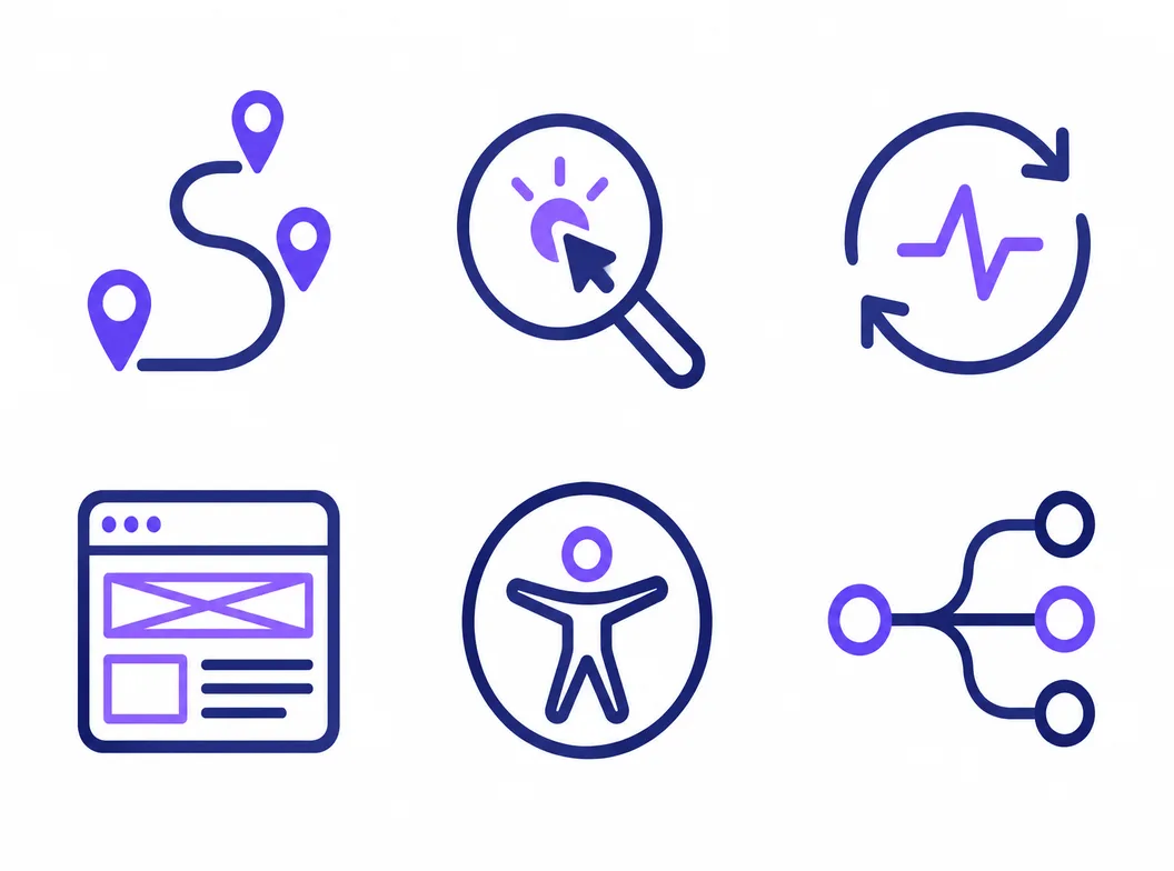 Eine Familie von sechs User-Experience-Icons in einem runden Linienstil, von der Journey Map bis zum Accessibility-Check, generiert in einer einzigen Markenpalette
